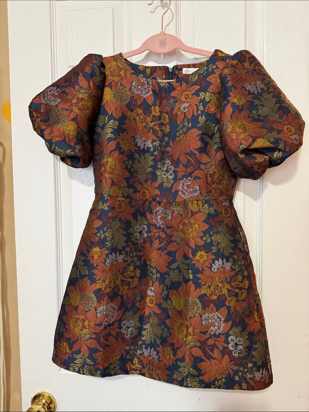 GB girls Navy Floral Jacquard Puff-Sleeve Dress